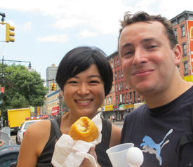 Enjoying pappas rellenos in East Harlem